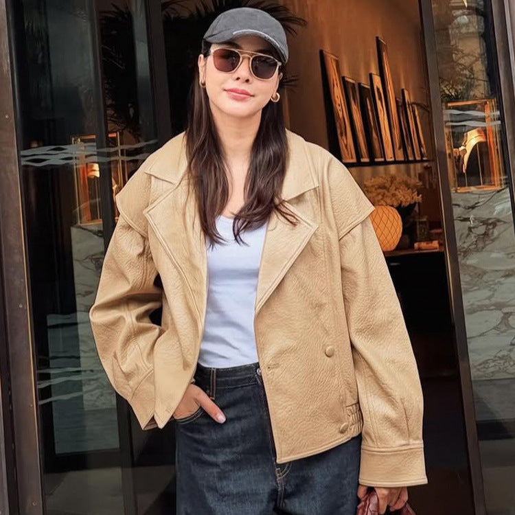 Women Oversize Faux Leather Bomber Jacket with Boxy Cut and Wide Lapel Amarae