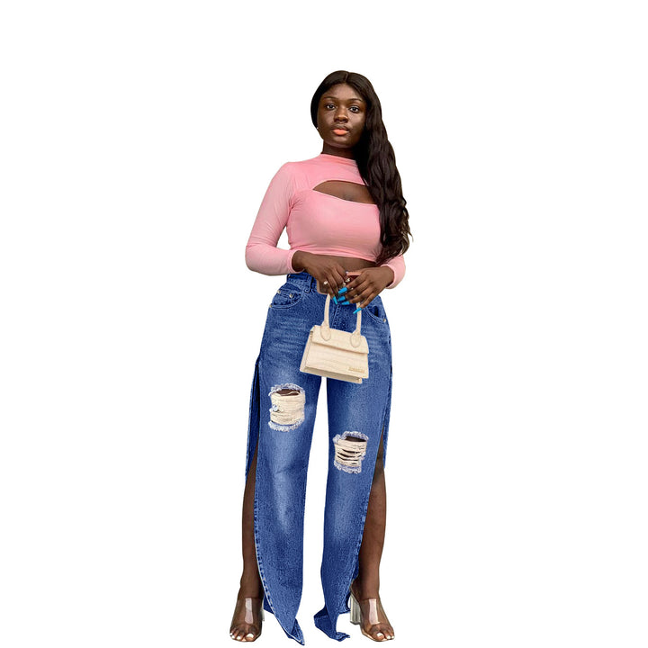 Ladies High-Waisted Wide-Leg Jeans with Knee Rips and Side Slits Amarae