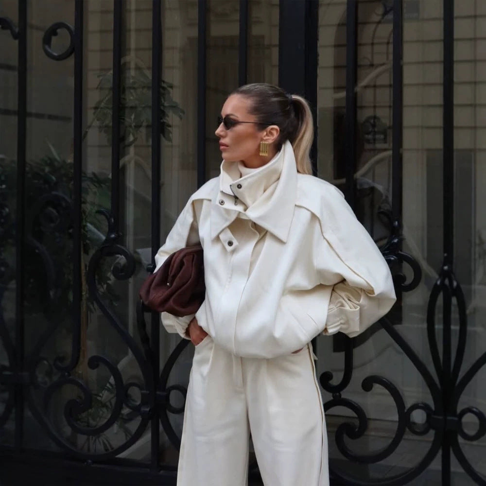 Women's Two-Piece Oversized Jacket and Pleated Pants Set with High Stand Collar Amarae