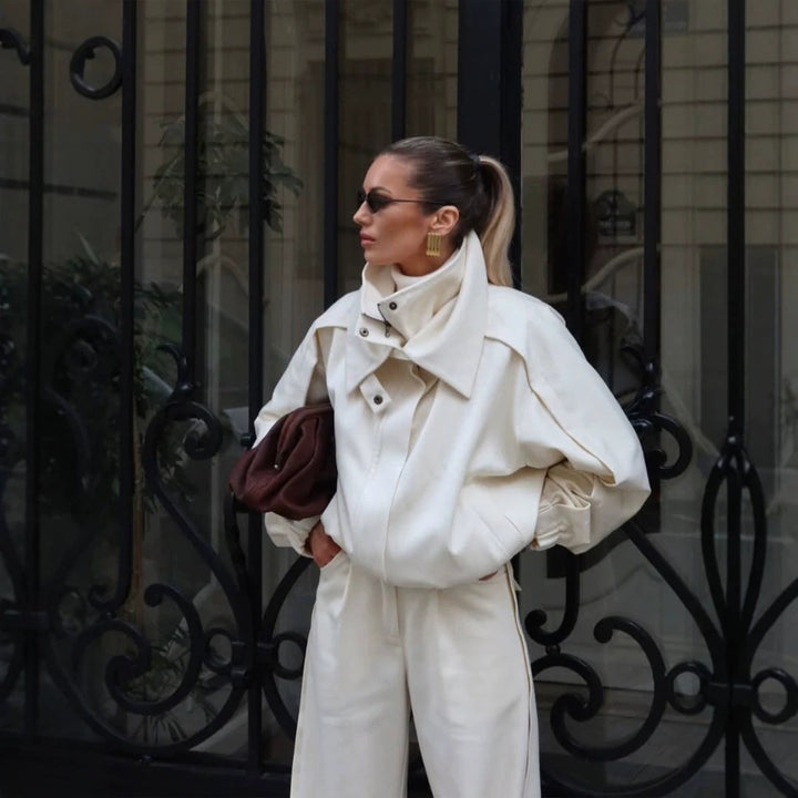 Women's Two-Piece Oversized Jacket and Pleated Pants Set with High Stand Collar Amarae