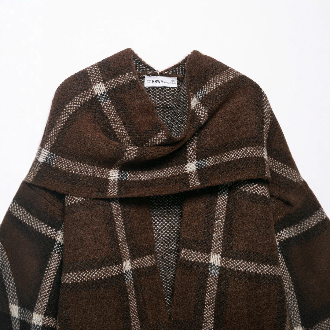 Women Oversized Cape Cardigan with Hood, Patch Pockets and Check Pattern Amarae