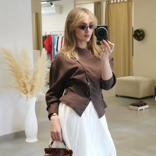 Women’s asymmetric tailored blouse with diagonal button placket Amarae