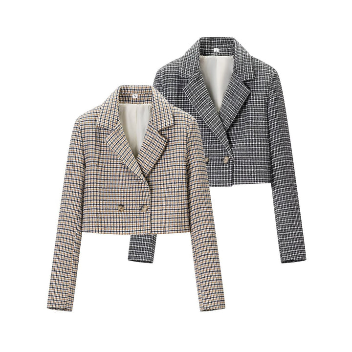 Women Cropped Wool Blend Blazer with Houndstooth Pattern and Double-Breasted Button Placket Amarae