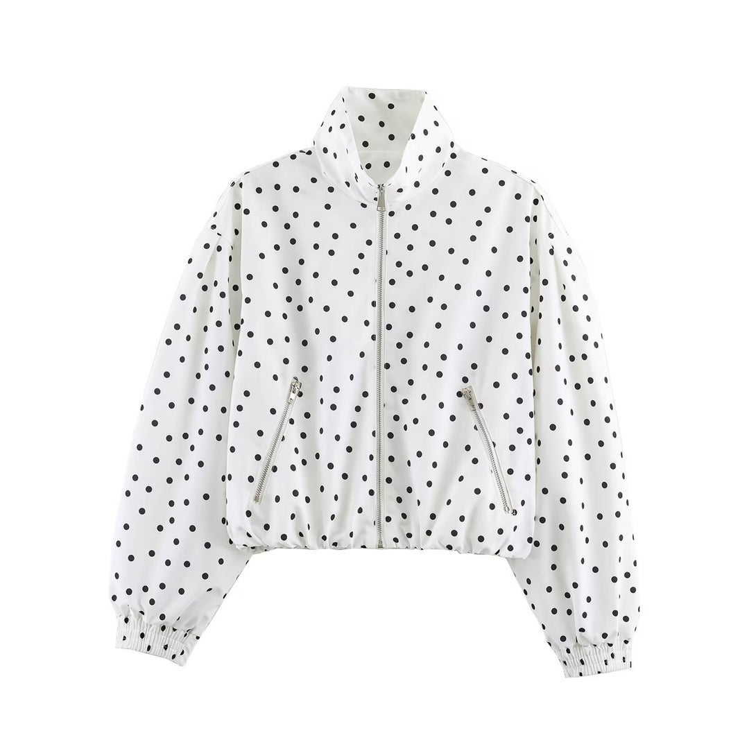 Women's Cropped Bomber Jacket with Stand Collar and Dot Pattern Amarae