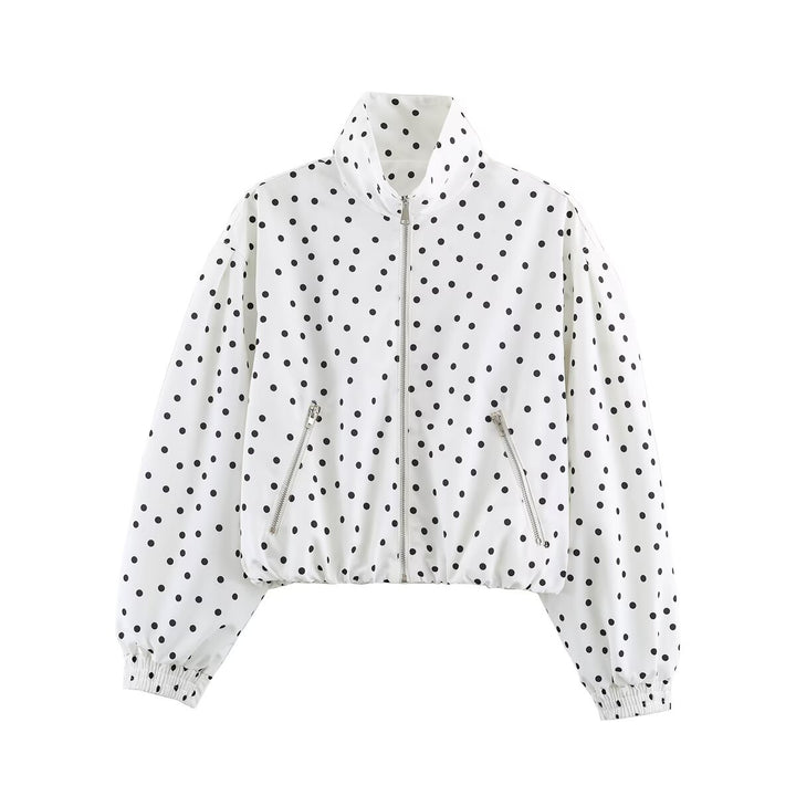 Women's Cropped Bomber Jacket with Stand Collar and Dot Pattern Amarae