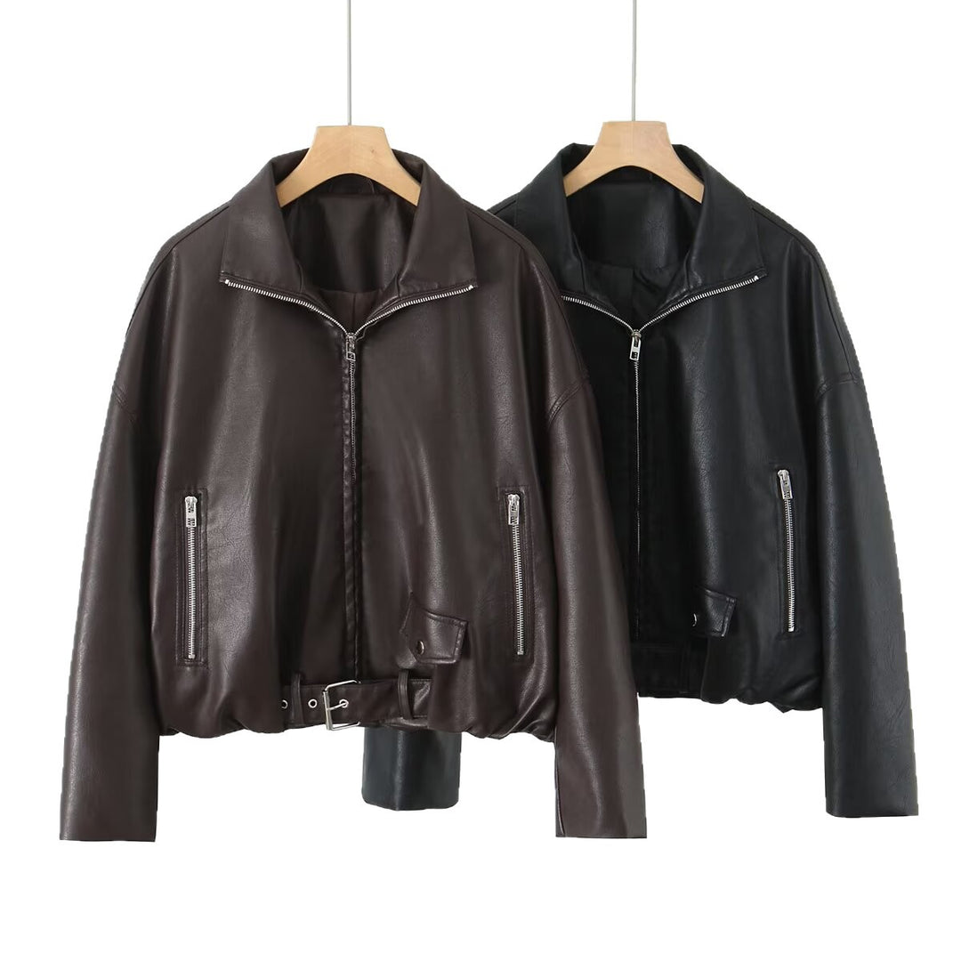 Synthetic leather jacket for women with adjustable belt and zippered side pockets Lune London