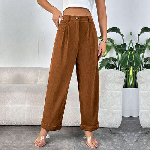 Pantalons en velours côtelé larges pour femmes avec taille mi-haute et plis élégants Chic & Stil