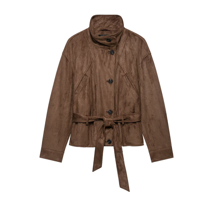 Women's short jacket in suede look with high stand-up collar, decorative dividing seams and tie belt Amarae