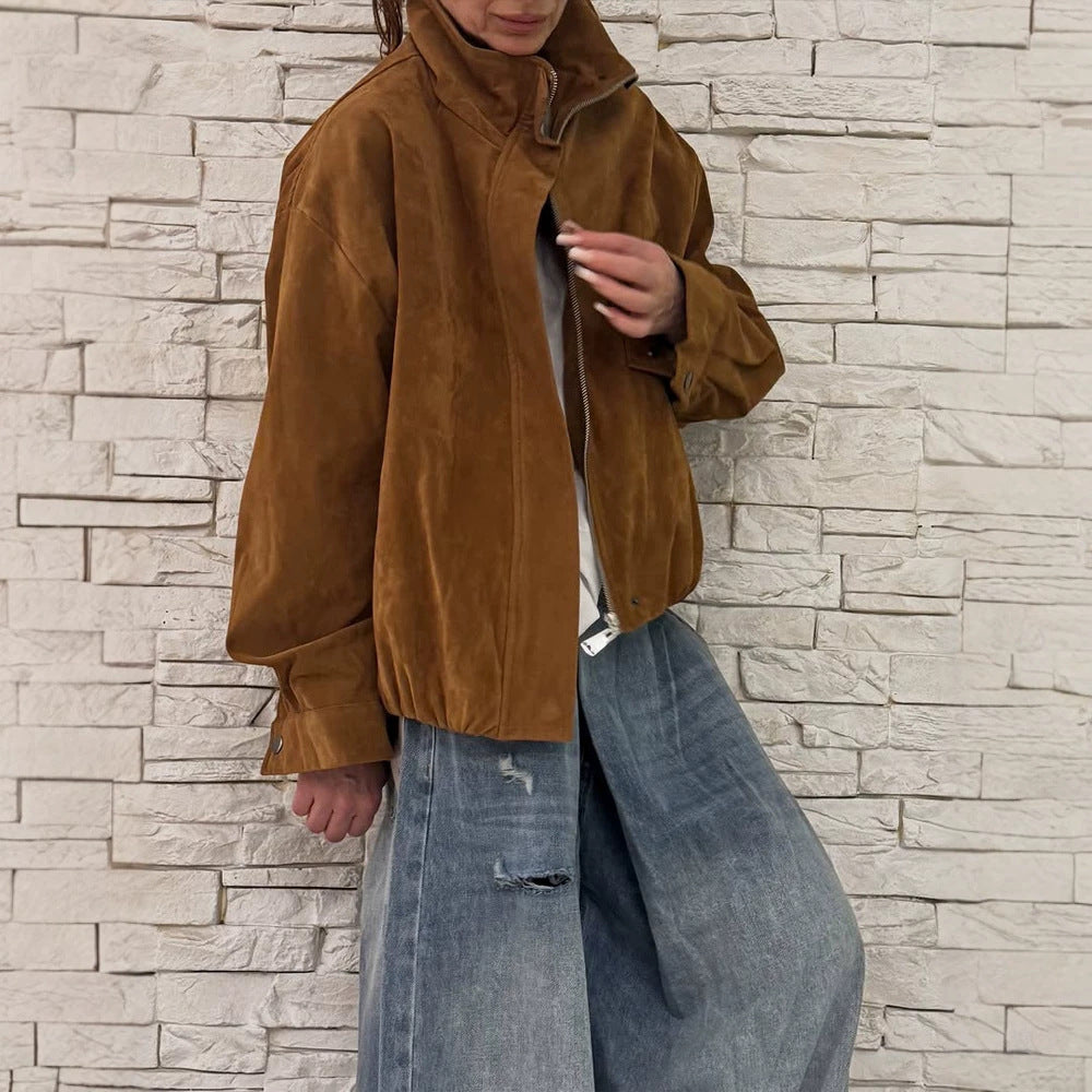 Women's Oversize Suede Blouson with High Standing Collar and Metal Zipper Amarae