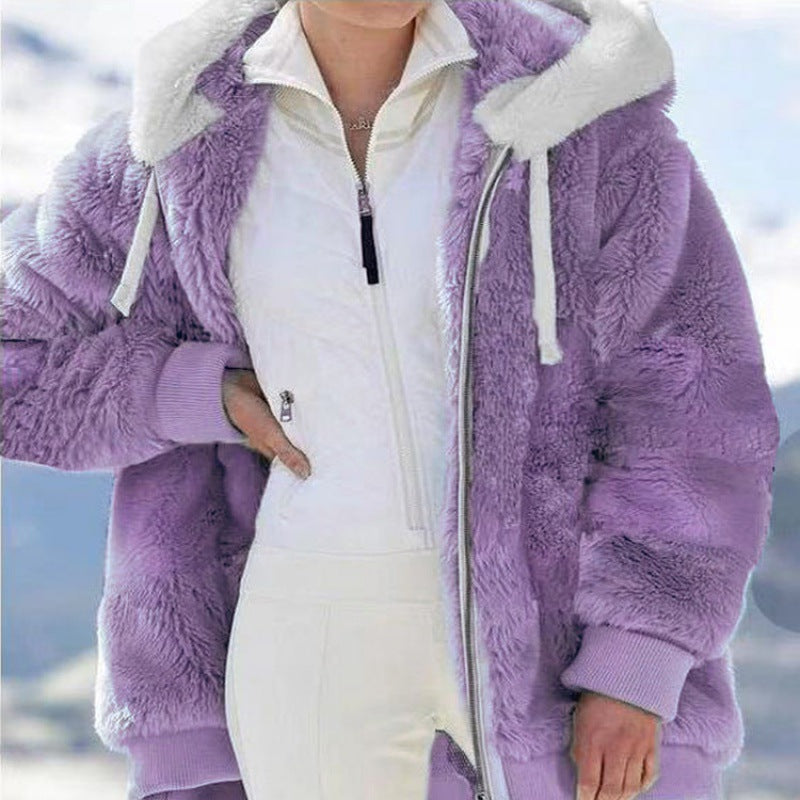 Women's Oversized Sherpa Zip Jacket with Contrast Collar, Ribbed Cuffs, and Drawstring Amarae