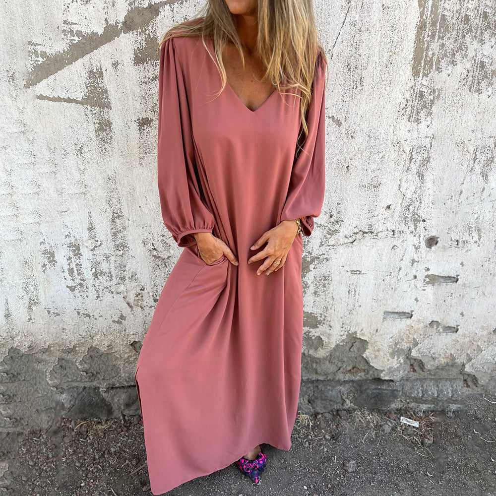 Women Elegant Midi Dress with V Neck and Chic Puff Sleeves