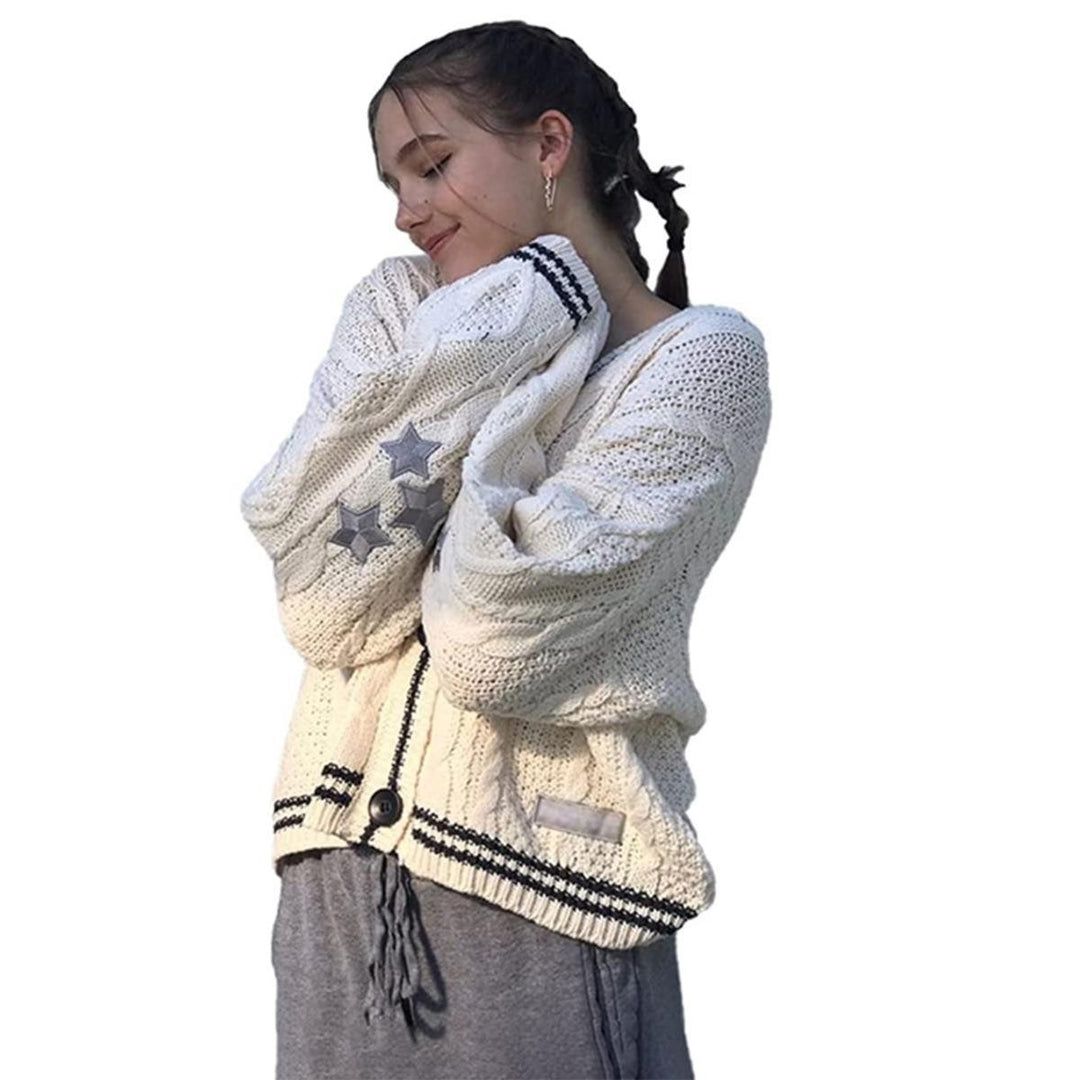 Ladies Chunky Knit Cardigan with Star Pattern Fashion Lune London