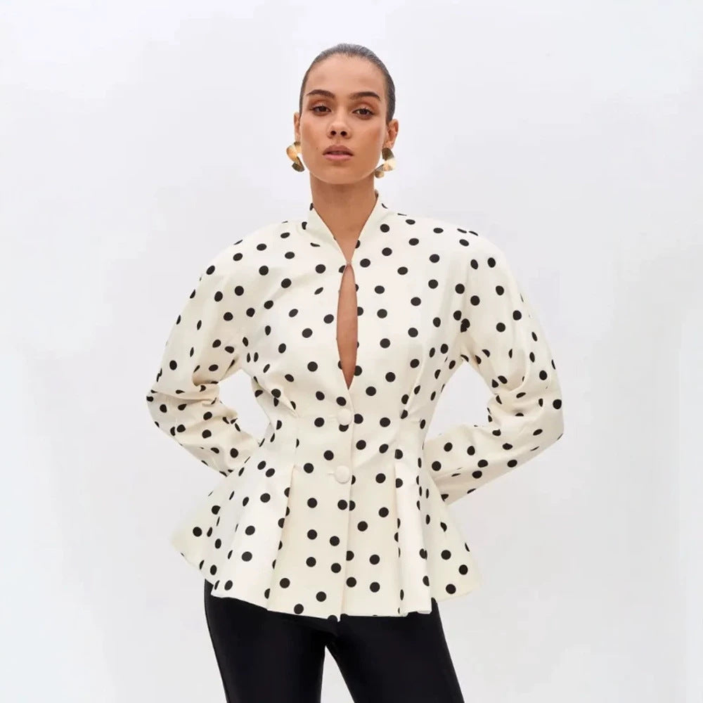 Women's Polka Dot Fitted Peplum Blouse with Stand-up Collar and Concealed Button Placket Amarae
