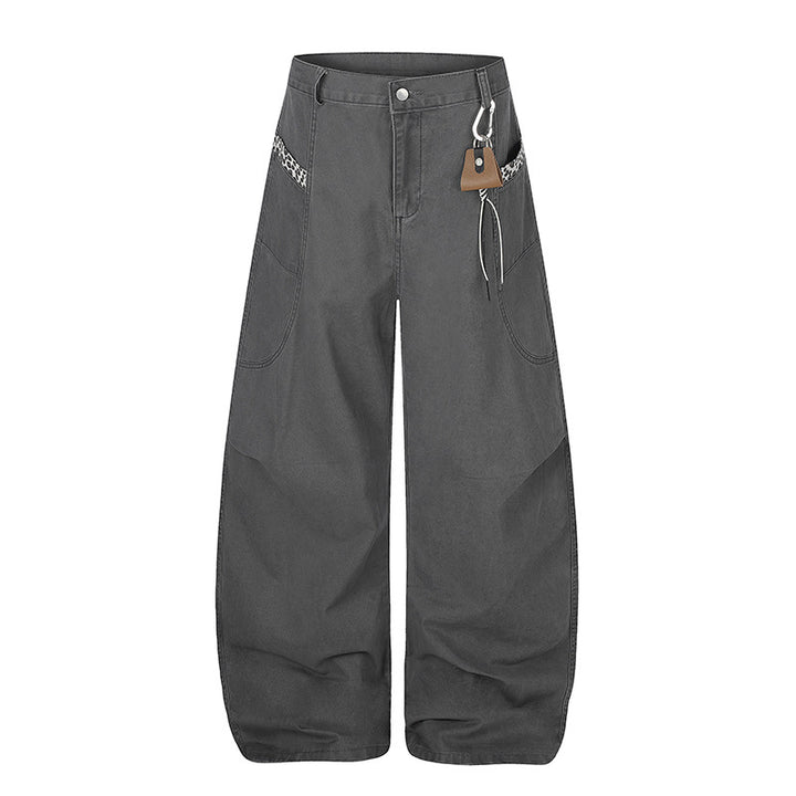 Women Extra Wide Palazzo Trousers with High Waist, Cargo Pockets and Decorative Keychain Amarae