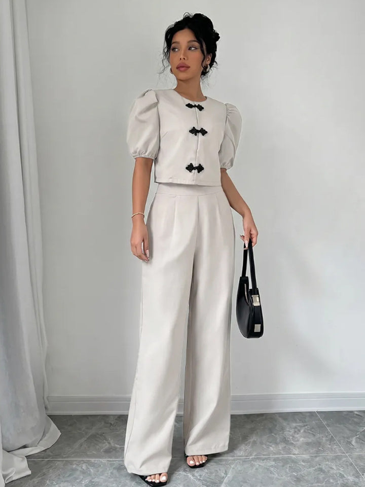 Women Two-Piece Tailoring Set with Short Jacket, Puff Sleeves and High-Cut Wide Pants Amarae