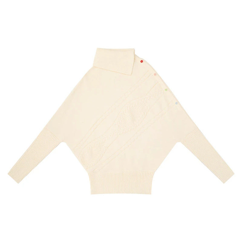 Women's oversized sweater with roll neck, asymmetric shoulder button placket and cable knit details Amarae
