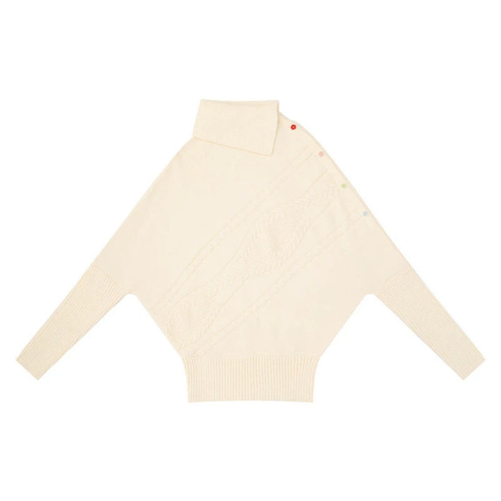 Women's oversized sweater with roll neck, asymmetric shoulder button placket and cable knit details Amarae