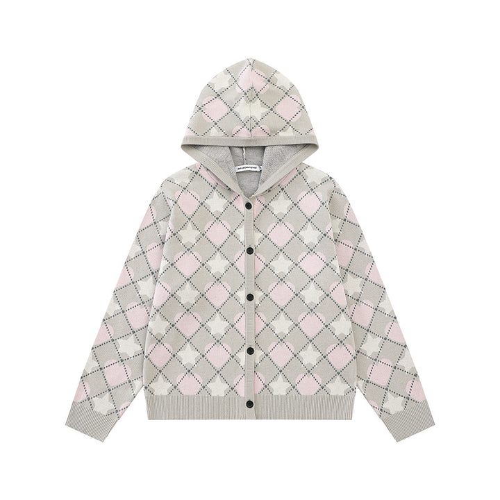 Ladies Knit Hooded Jacket with Diamond Jacquard and Button Placket Amarae