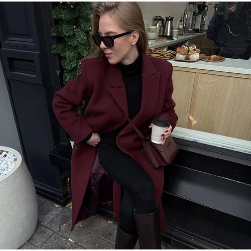 Elegant long coat with long sleeves for women in double-breasted style Amarae