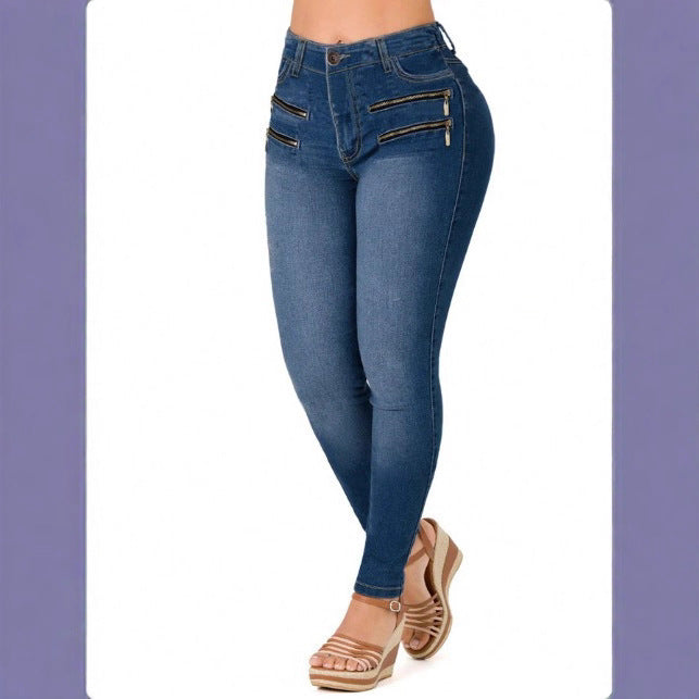 Women's High-Waisted Slim-Fit Jeans with Decorative Front Zippers Amarae