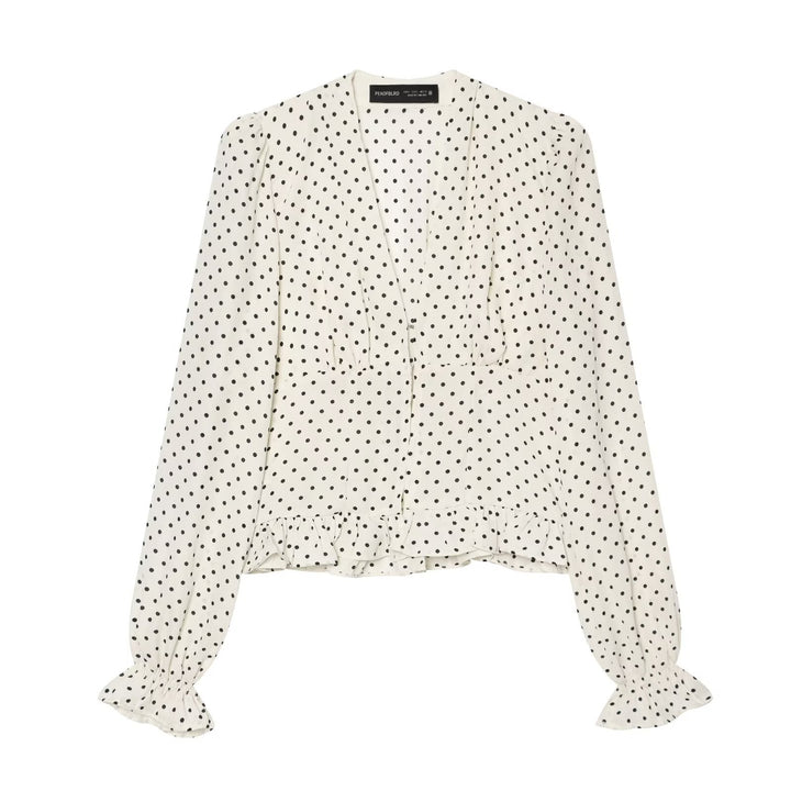 Women Polka Dot Blouse with V-Neck, Ruffled Hem and Balloon Sleeves Amarae