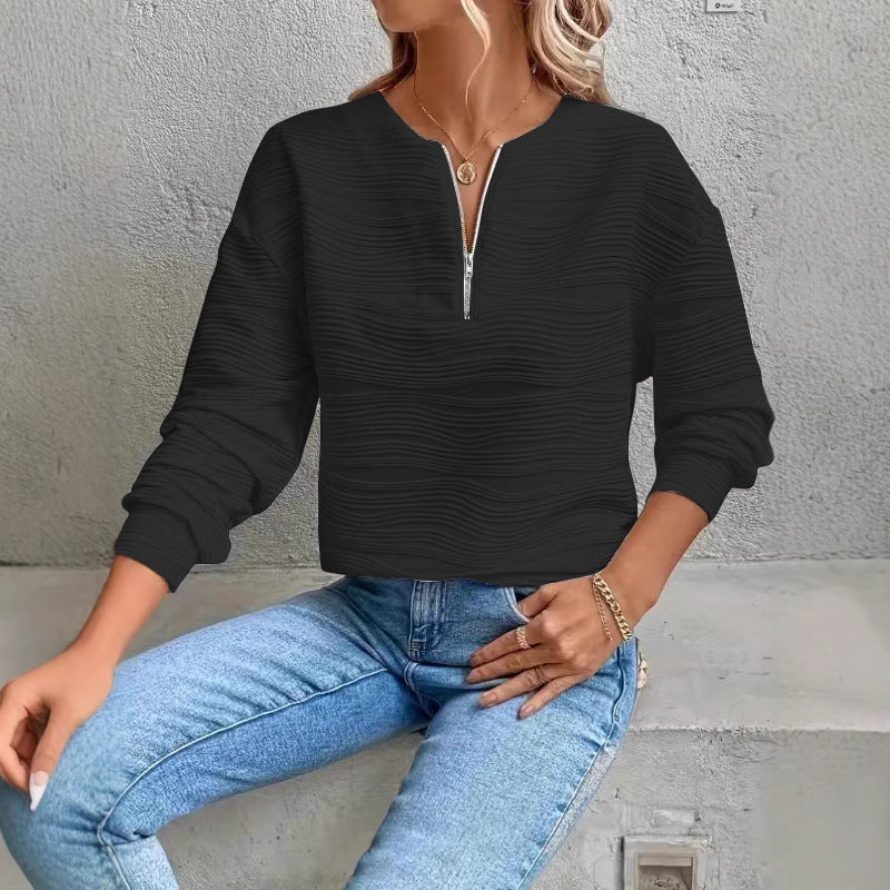 Ladies Modern Sweatshirt with Half Zipper and Textured Design Amarae