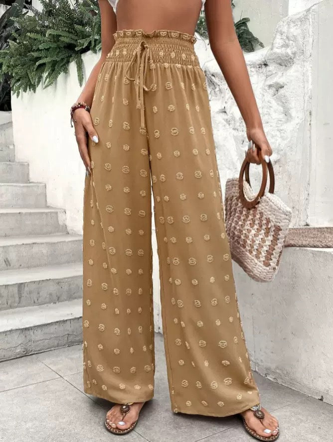 Ladies Wide Palazzo Pants with Subtle Pattern and Elastic Belt Lune London