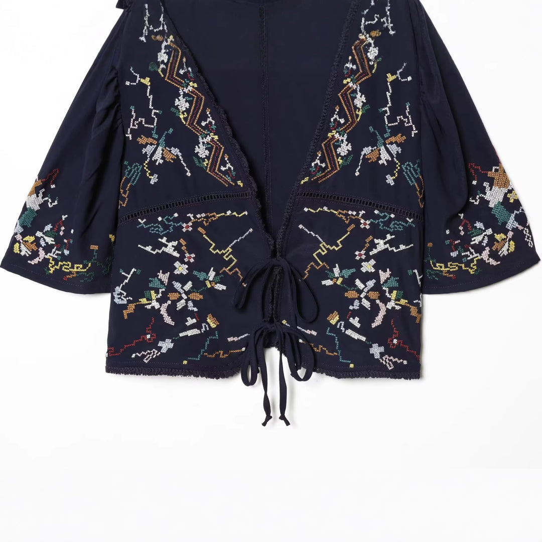 Women Embroidered Kimono Blouse with Ties and Decorative Crochet Edge Amarae