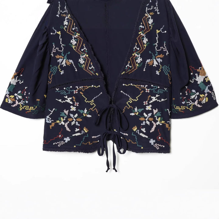 Women Embroidered Kimono Blouse with Ties and Decorative Crochet Edge Amarae