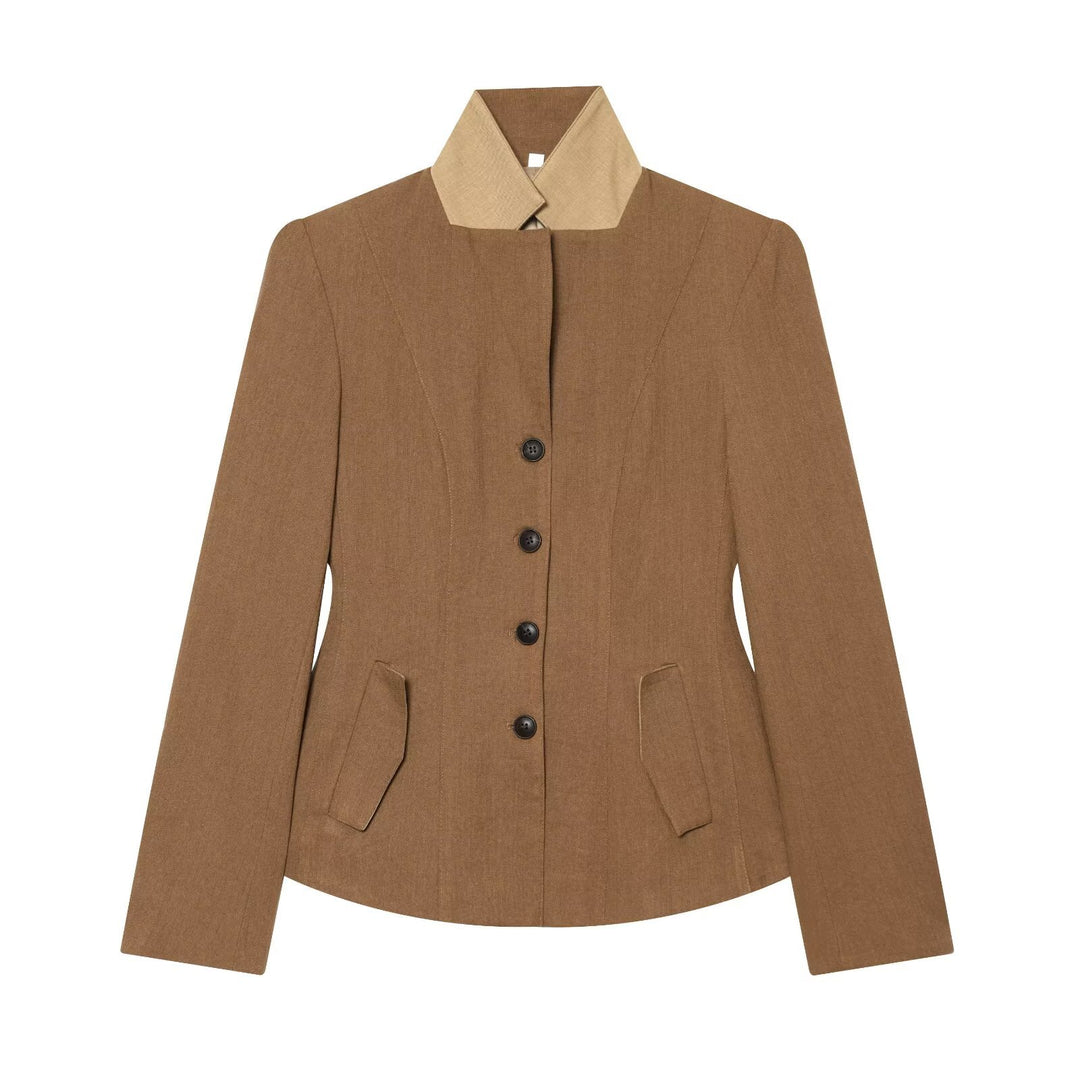Women's Tailored Short Blazer Jacket with Contrast Collar and Flap Pockets Amarae
