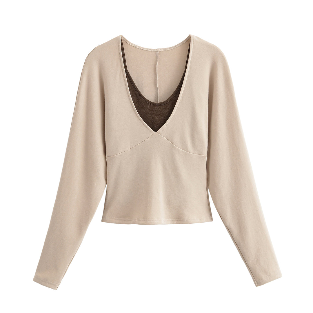 Women's Layered Look Long Sleeve Shirt with Deep V-Neck and Integrated Camisole Amarae