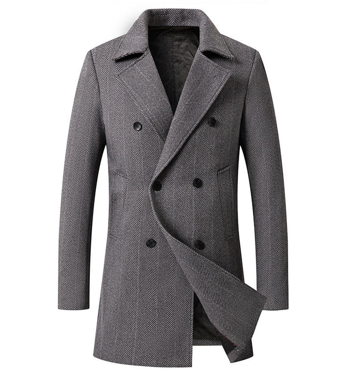 Men's Elegant Double-Breasted Coat with Textured Herringbone Pattern Chic Und Stil