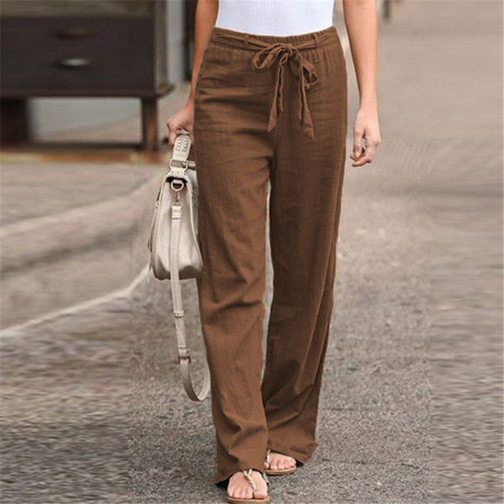 Linen pants for women with elastic waistband and tie belt Lune London