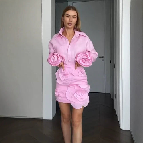 Women's Shirt Blouse-Mini Skirt Set with Voluminous 3D Rose Appliqués and Pearl Details Amarae
