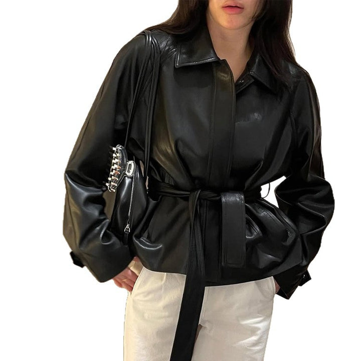 Women's Tailorable Faux Leather Jacket with Wrap Belt and Boxy Silhouette Amarae