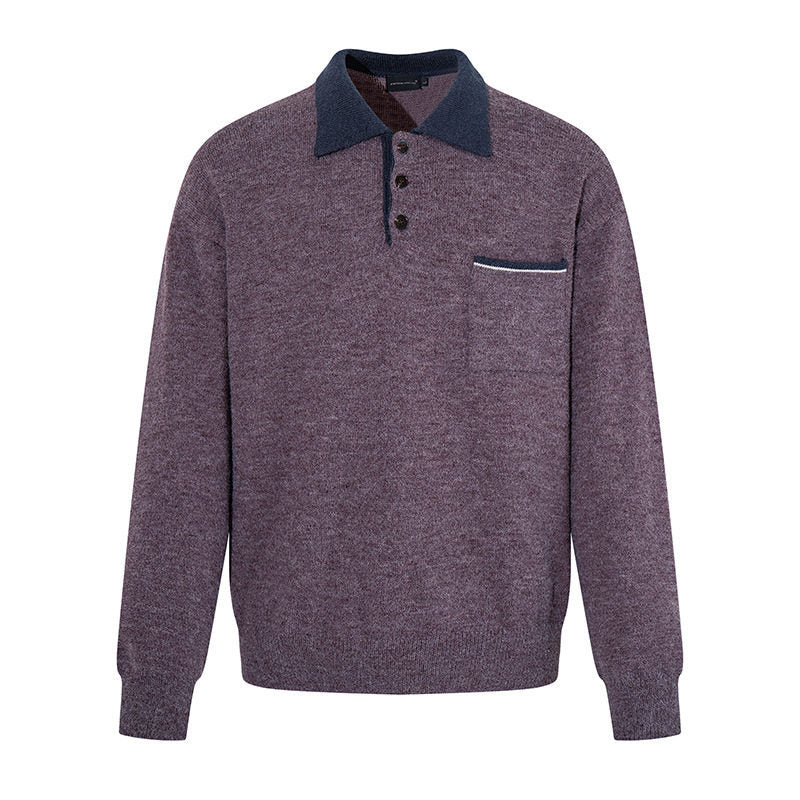 Men's polo shirt-knit sweater with button placket, chest pocket, and contrast collar Amarae
