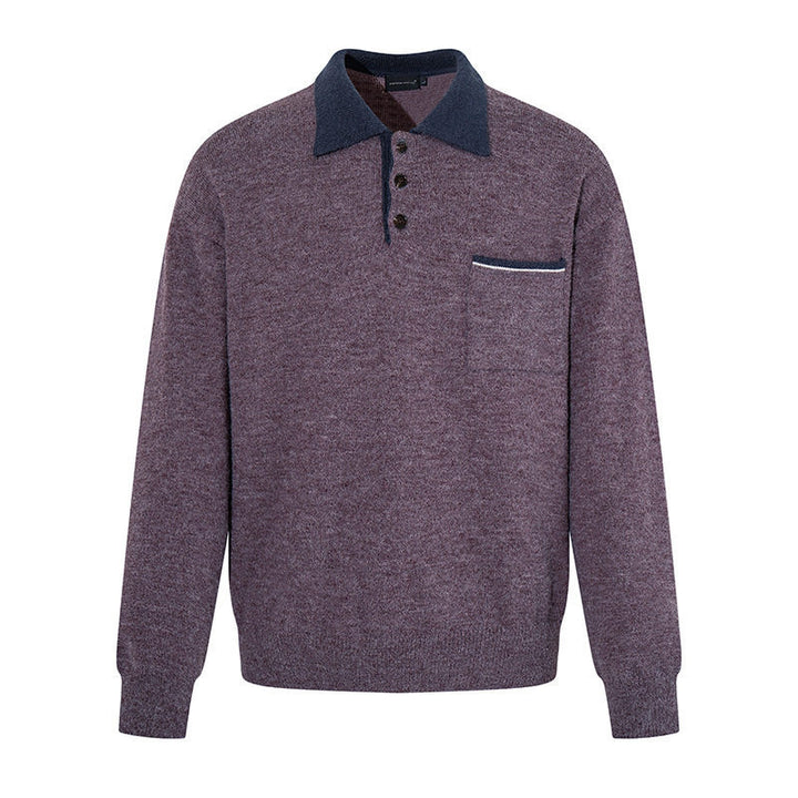 Men's polo shirt-knit sweater with button placket, chest pocket, and contrast collar Amarae