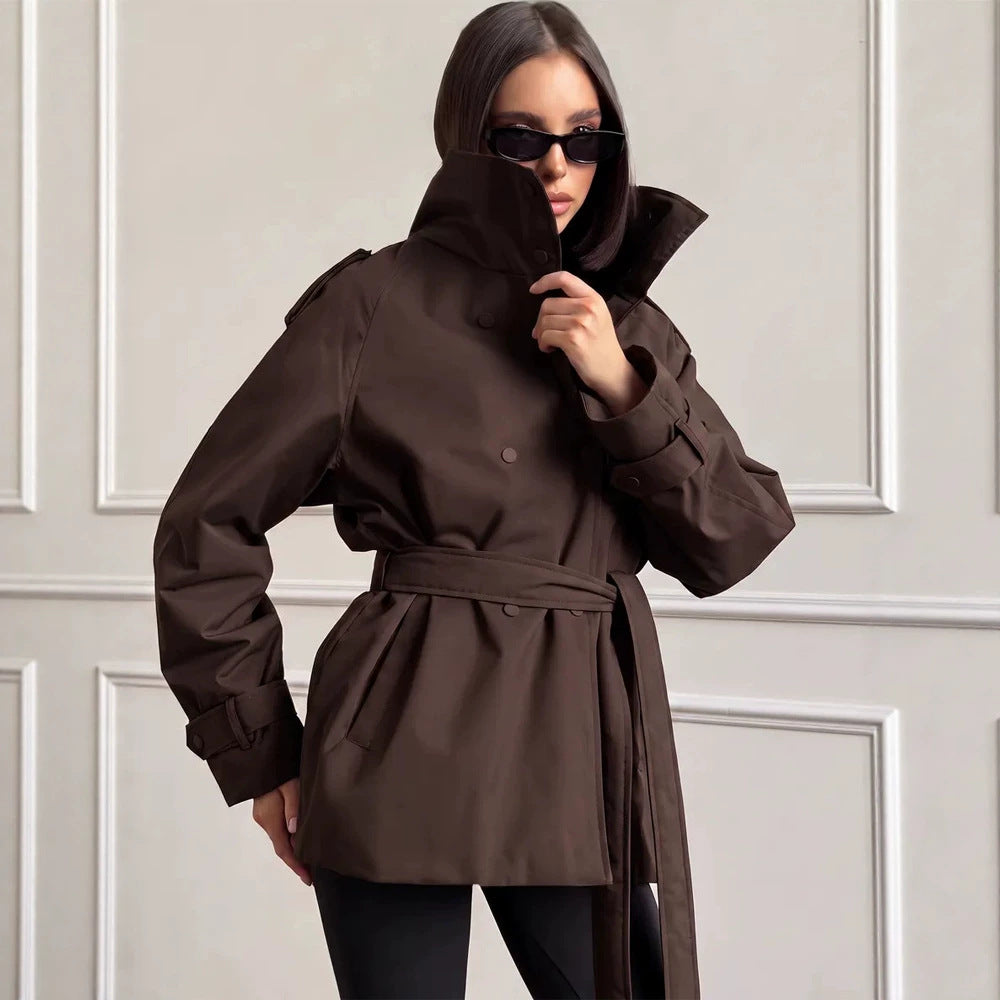 Women Short Technical Trench with High Collar Flap, Double Press Button Placket and Tailoring Tie Belt Amarae