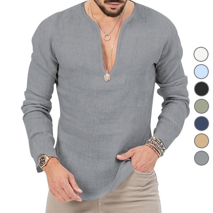 Men's casual linen shirt with deep V-neck and comfortable fit Lune London