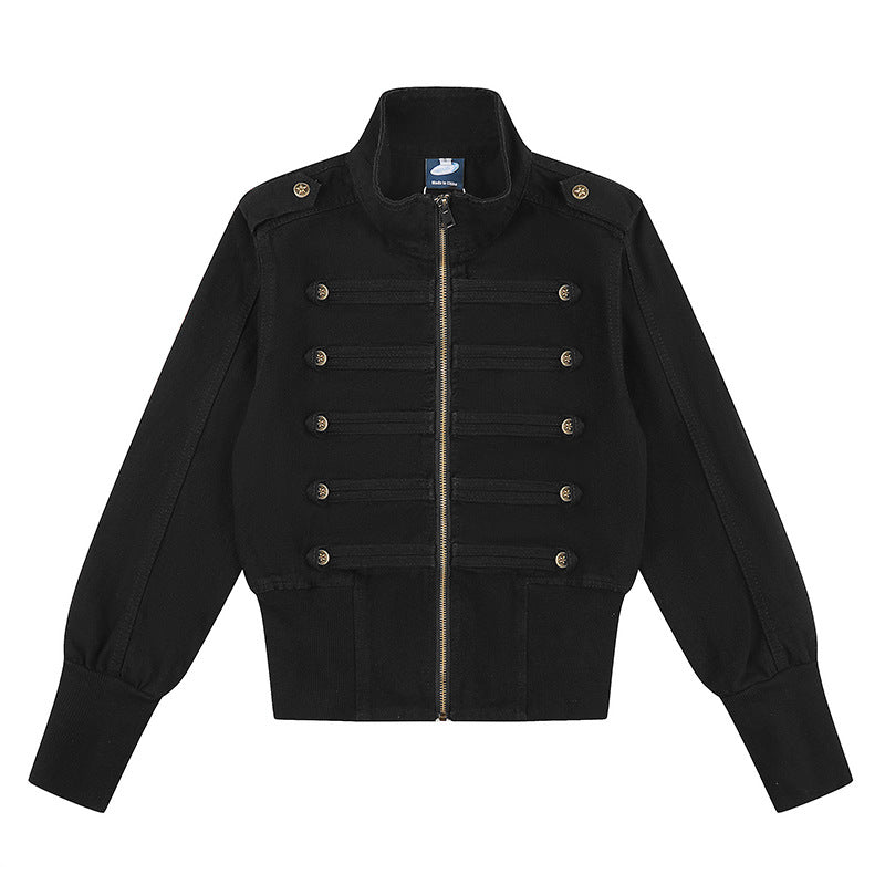 Women's military-inspired bomber jacket with stand-up collar and decorative button plackets Amarae