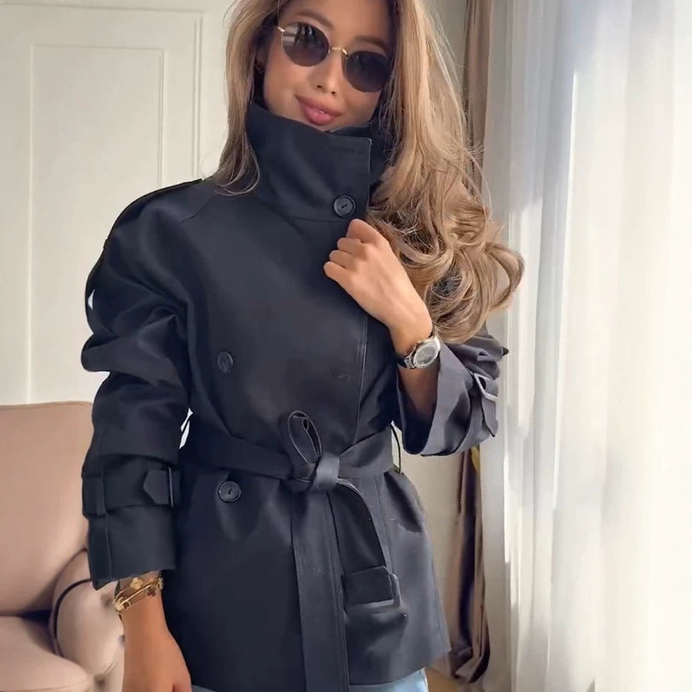 Women's Short Boxy Trench Coat with High Standing Collar, Double-Breasted Front & Waist Belt Amarae