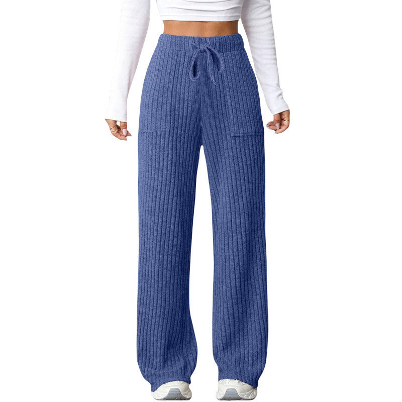Ladies Wide Ribbed Lounge Pants with Drawstring and Patch Pockets Amarae