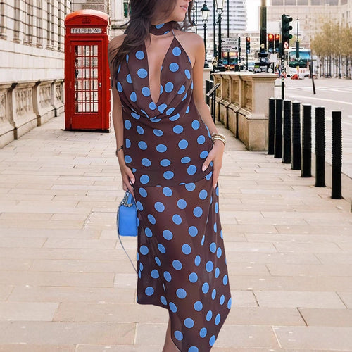 Maxi dress for women with a refined cascade neckline and chic polka dots