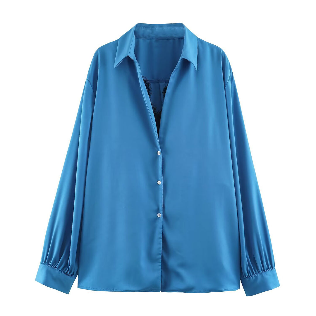Women's Silky Oversized Blouse with Lace Insert and Shirt Collar Amarae