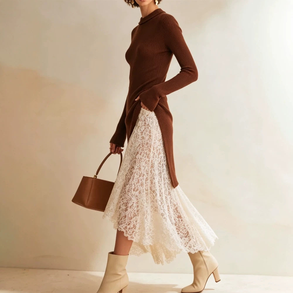 Women Midi dress made of fitted fine knit with asymmetric lace ruffle Amarae
