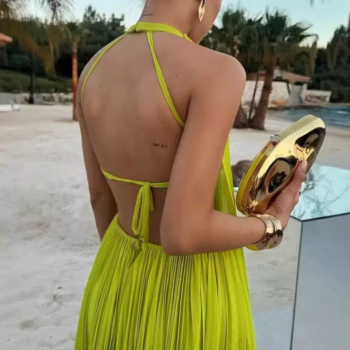 Women's Floor-Length Pleated Maxi Dress with Deep Back Cut and Elegant Straps