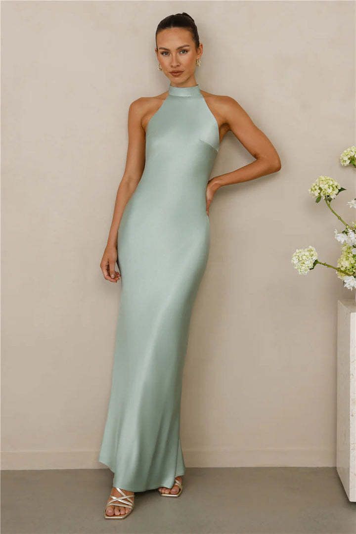 Ladies Elegant Maxi Dress with High Neck Design and Shimmering Satin Finish Lune London