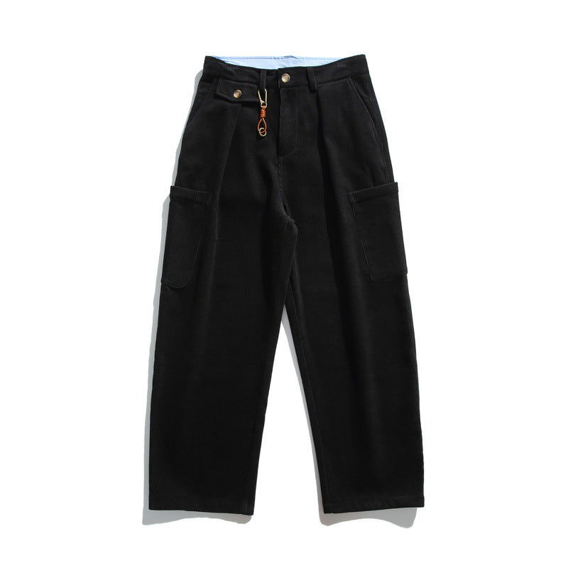 Men's Wide Corduroy Cargo Pants with Pleats, Applied Side Pockets and Relaxed Fit Amarae