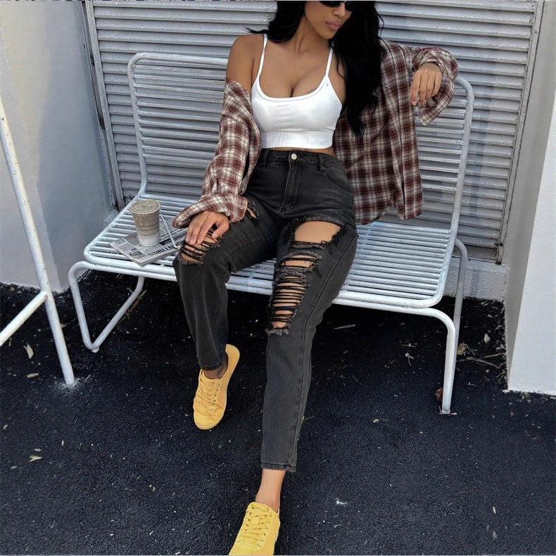 Ladies high-waisted ripped mom jeans with multiple knee cutouts and relaxed straight cut Amarae