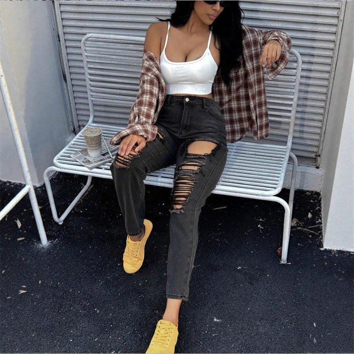 Ladies high-waisted ripped mom jeans with multiple knee cutouts and relaxed straight cut Amarae